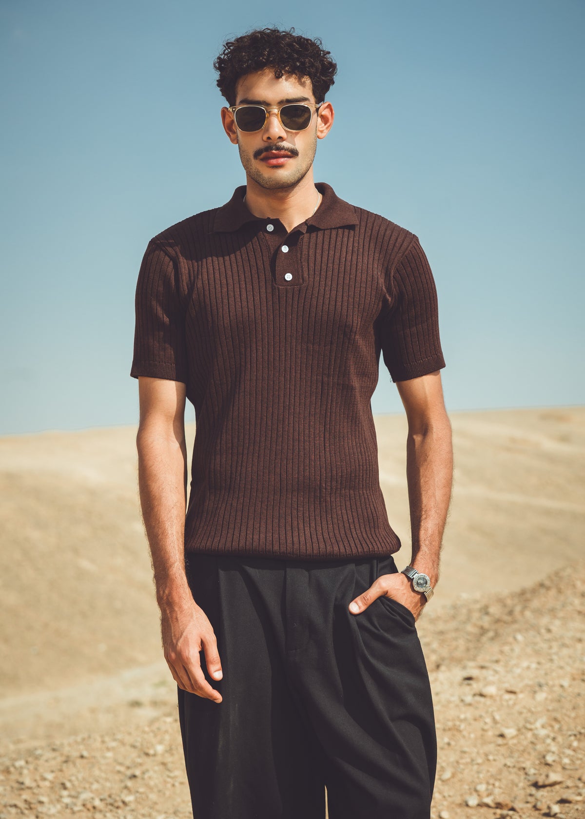 Slim fit buttoned knit polo shirt