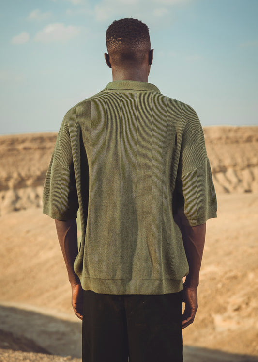 Oversized fit knit quarter zip polo shirt