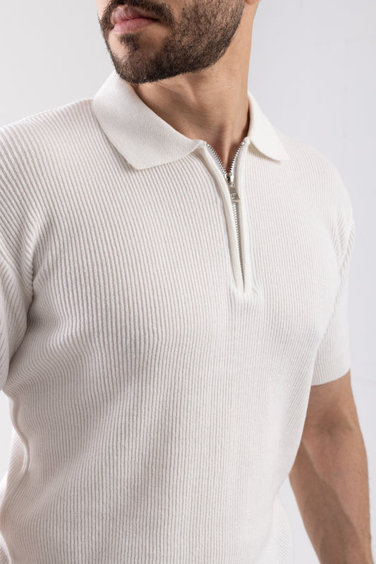 White Knit Zip-up Polo