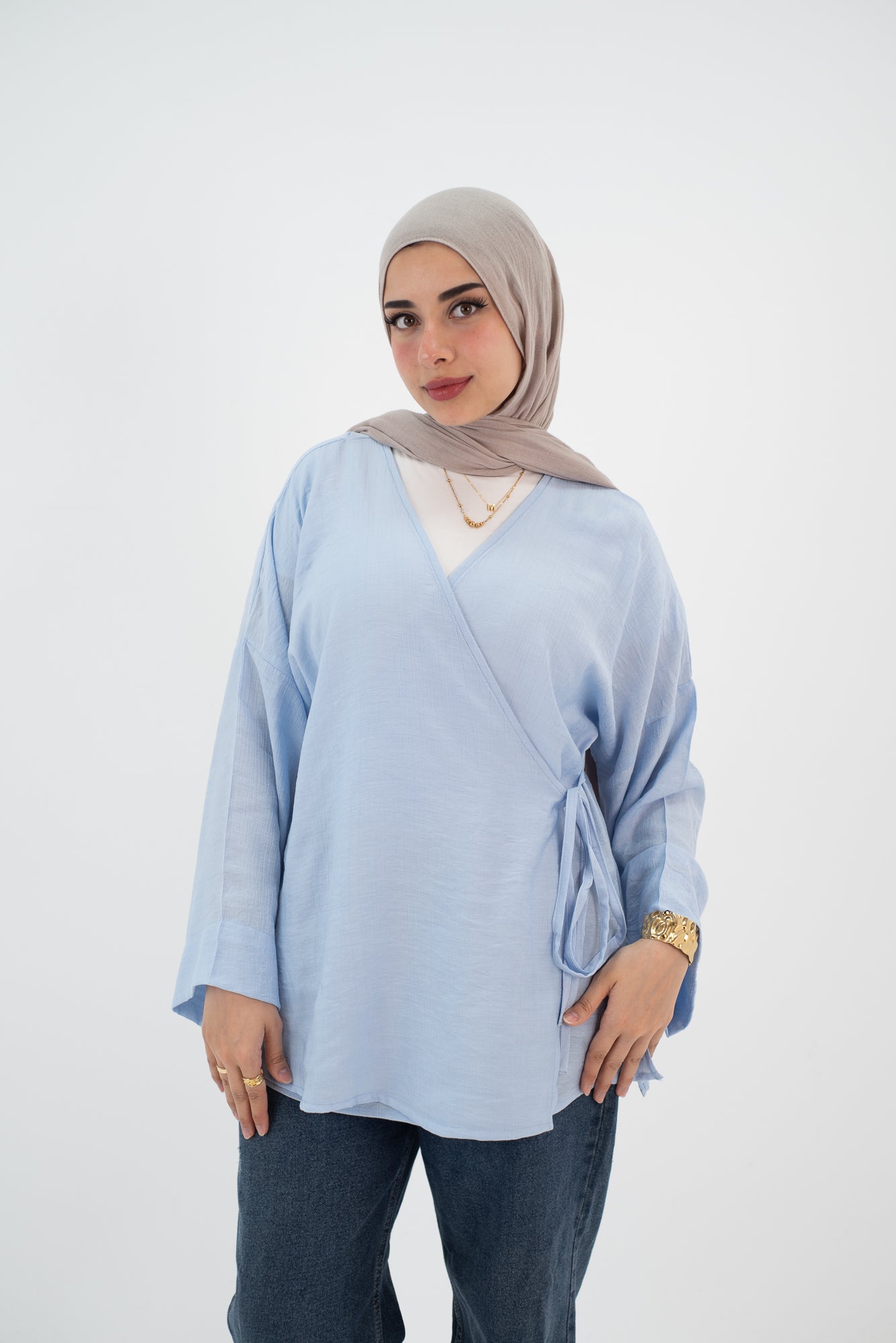 Linen baby blue Wrap tie blouse