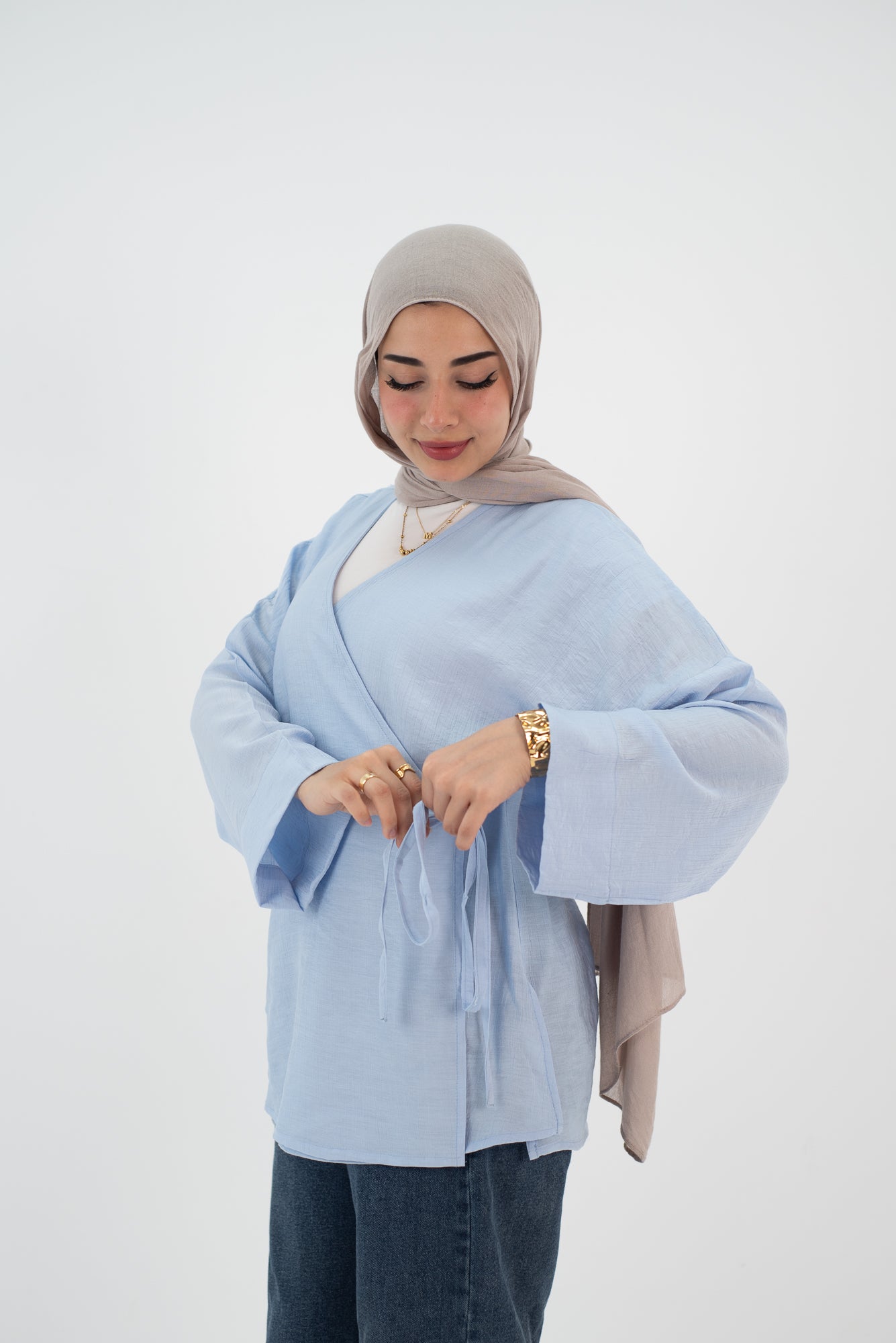 Linen baby blue Wrap tie blouse