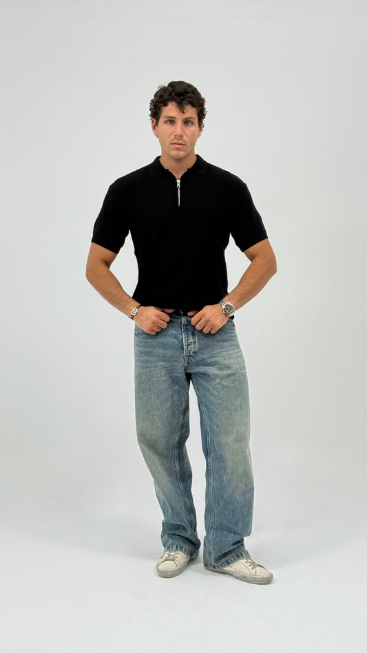 Black Knit Zip-up Polo