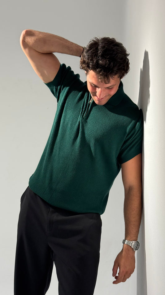 Teal Green Knit Zip-up Polo