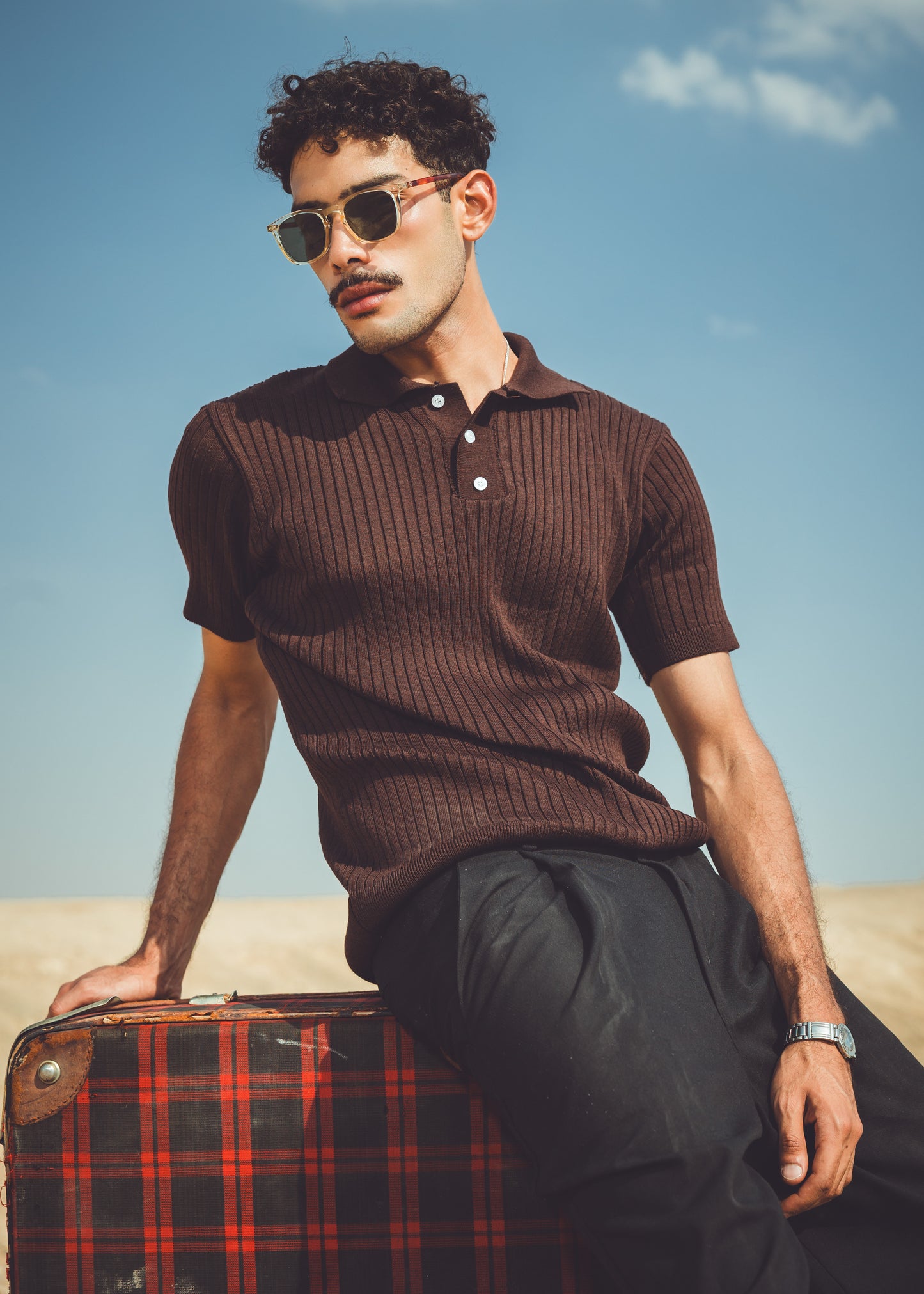 Slim fit buttoned knit polo shirt