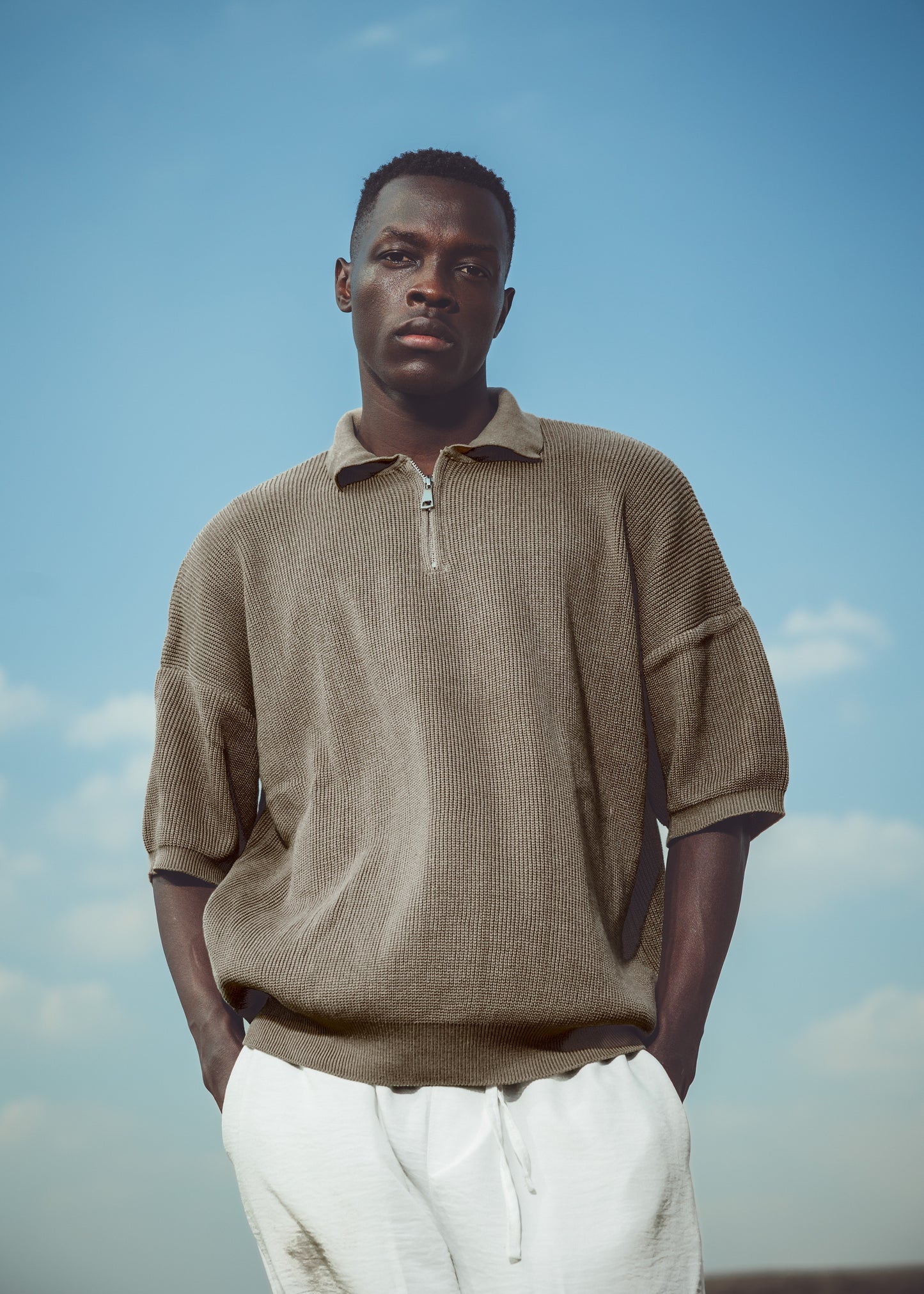 Oversized fit knit quarter zip polo shirt