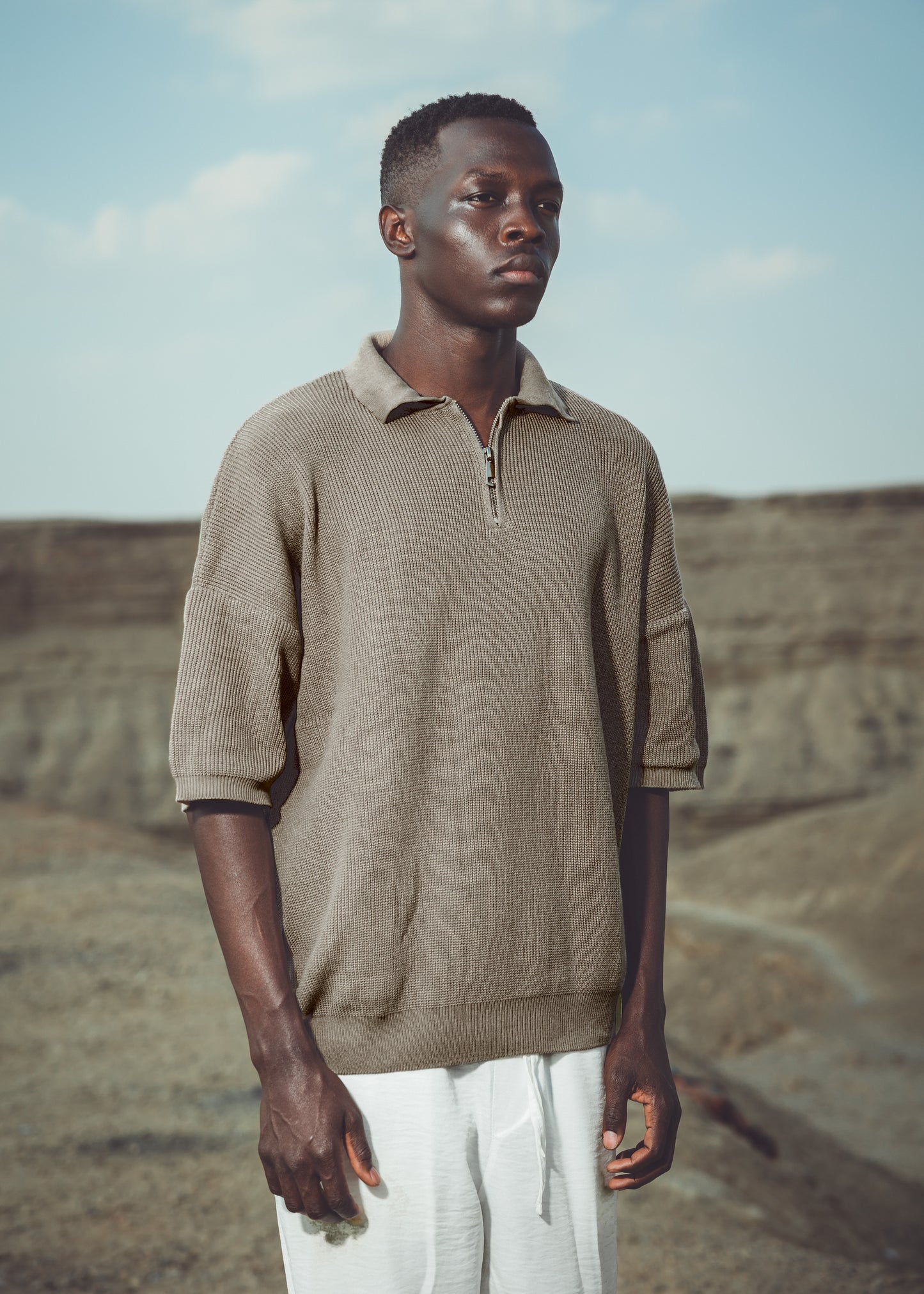 Oversized fit knit quarter zip polo shirt