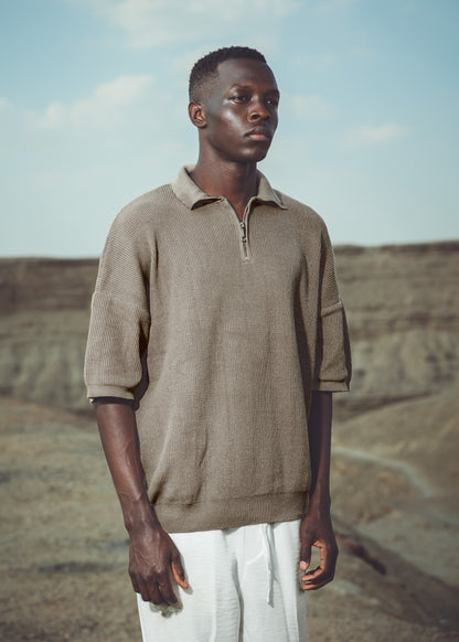 Oversized fit knit quarter zip polo shirt