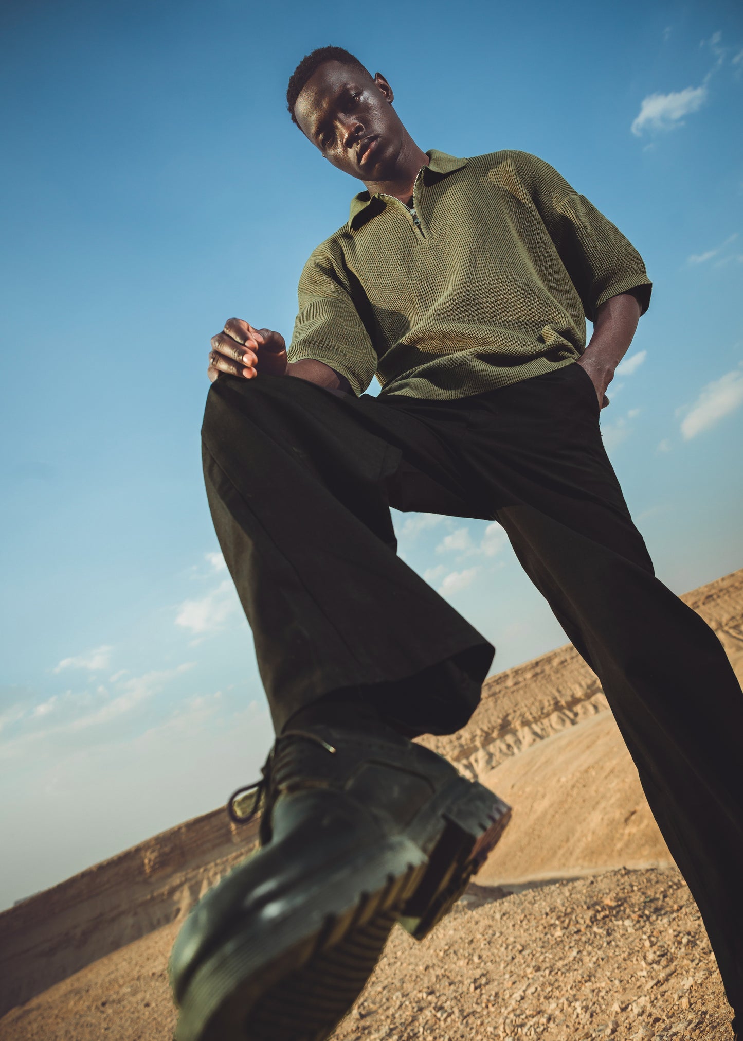 Oversized fit knit quarter zip polo shirt