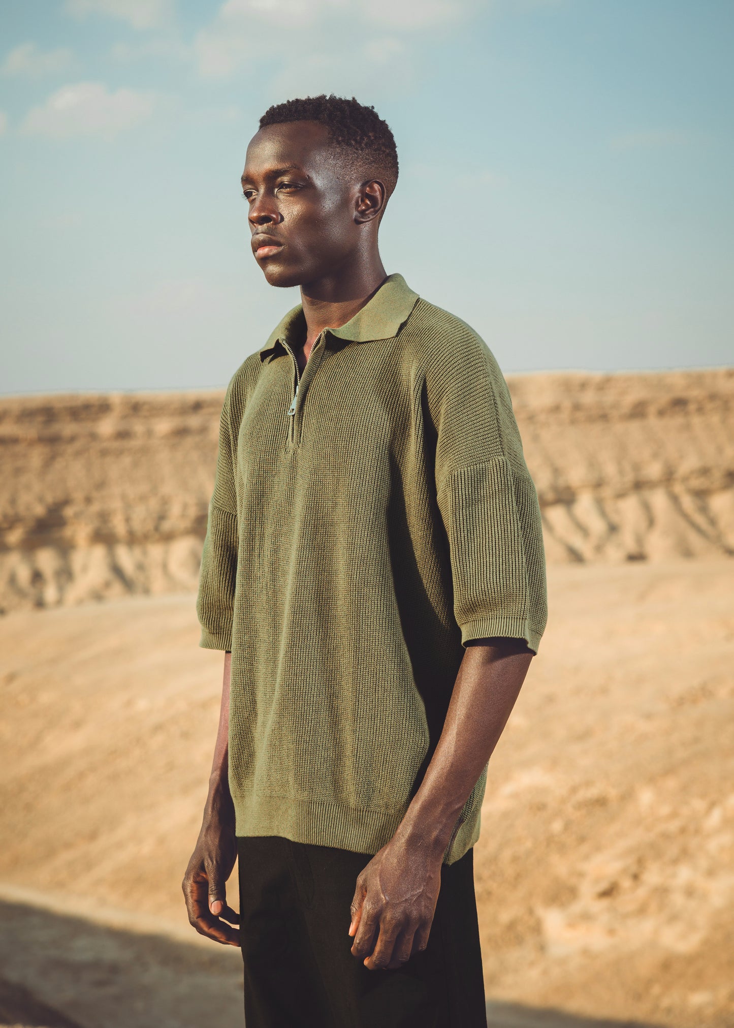 Oversized fit knit quarter zip polo shirt