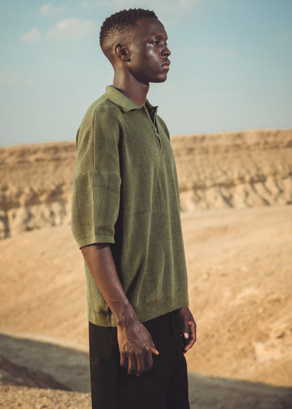 Oversized fit knit quarter zip polo shirt