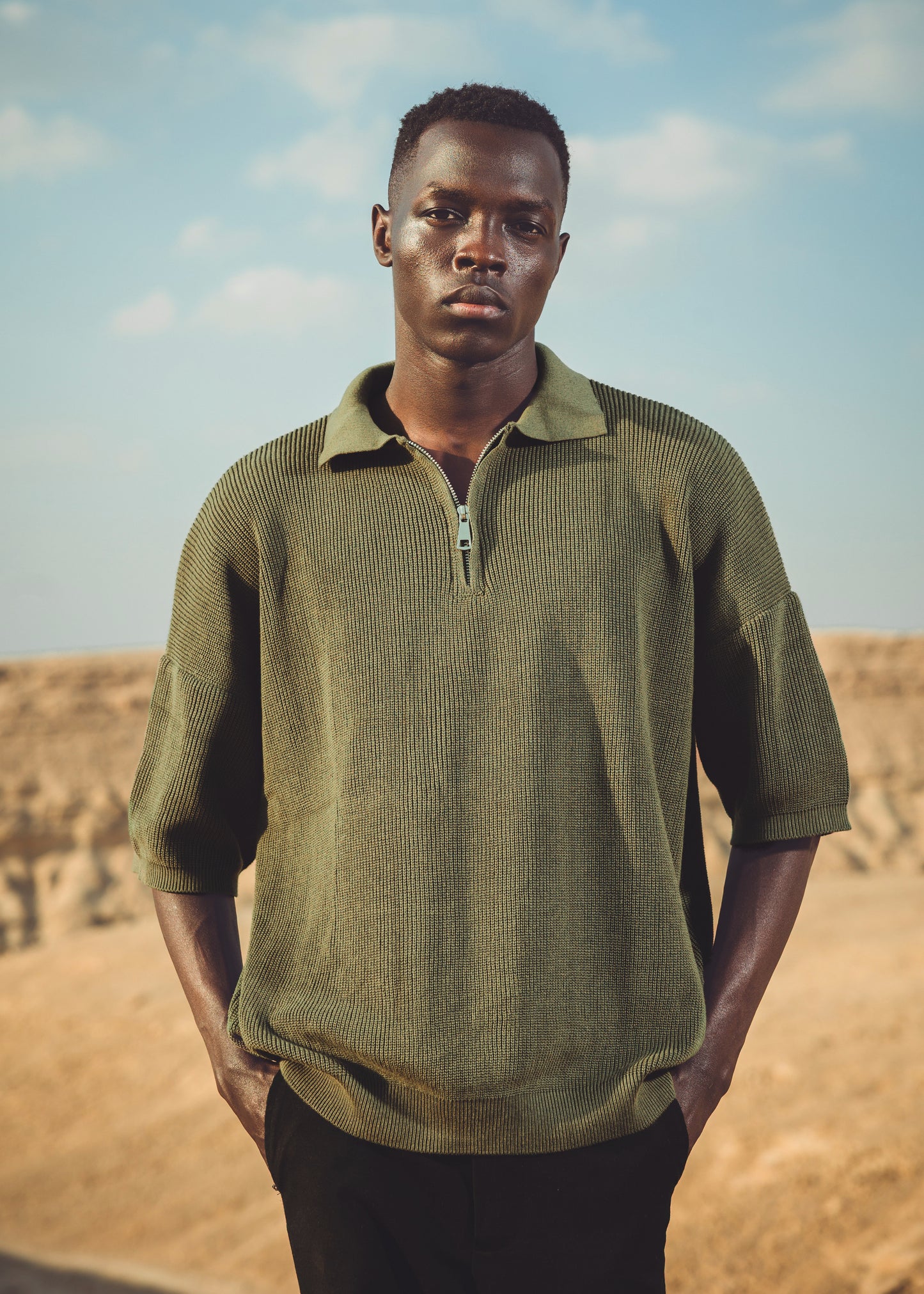 Oversized fit knit quarter zip polo shirt