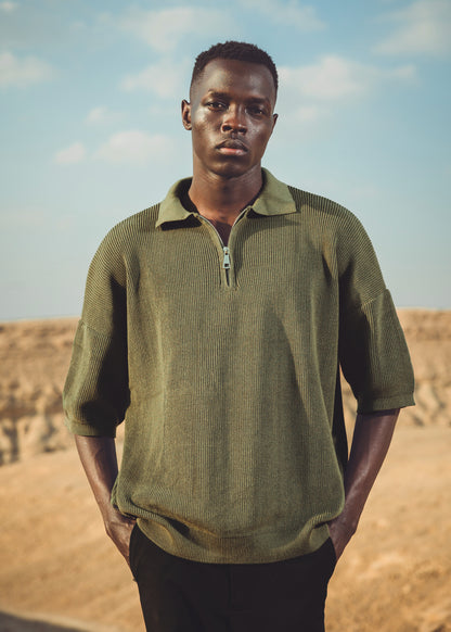 Oversized fit knit quarter zip polo shirt