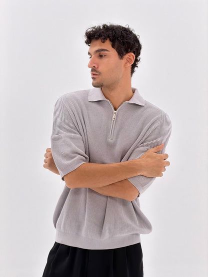Oversized fit knit quarter zip polo shirt