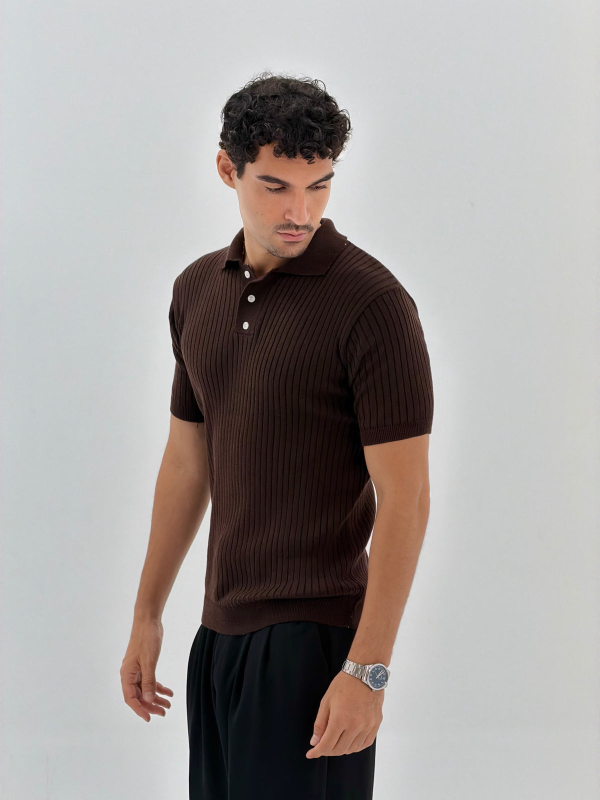 Slim fit buttoned knit polo shirt