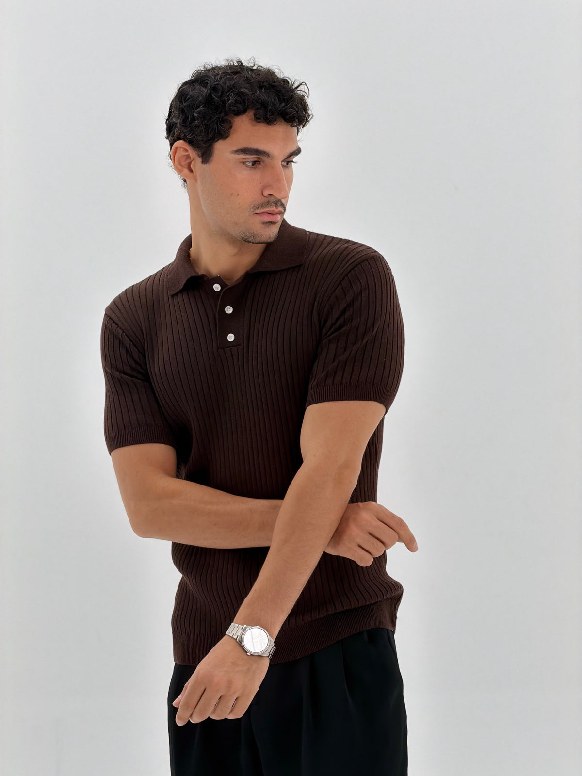 Slim fit buttoned knit polo shirt