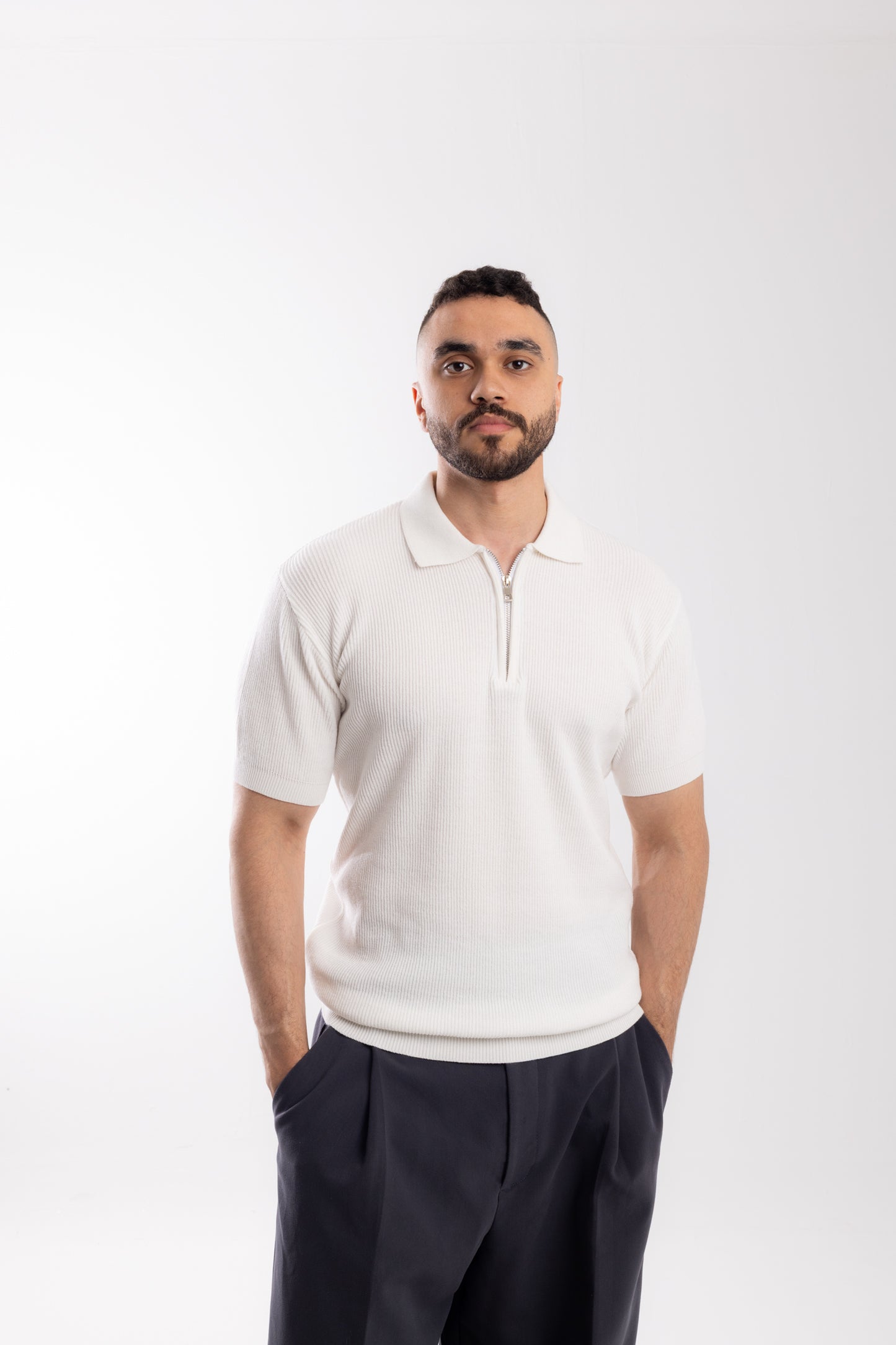 White Knit Zip-up Polo