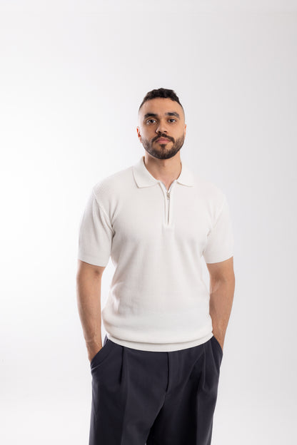 White Knit Zip-up Polo