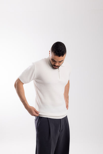 White Knit Zip-up Polo