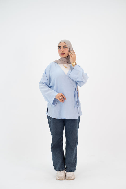 Linen baby blue Wrap tie blouse