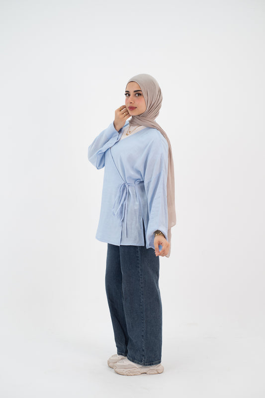 Linen baby blue Wrap tie blouse