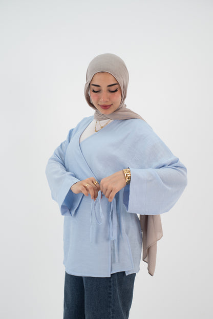 Linen baby blue Wrap tie blouse