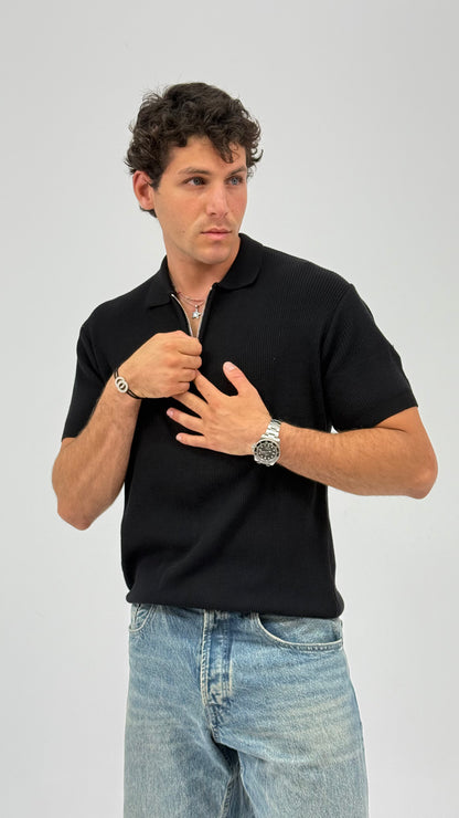 Black Knit Zip-up Polo