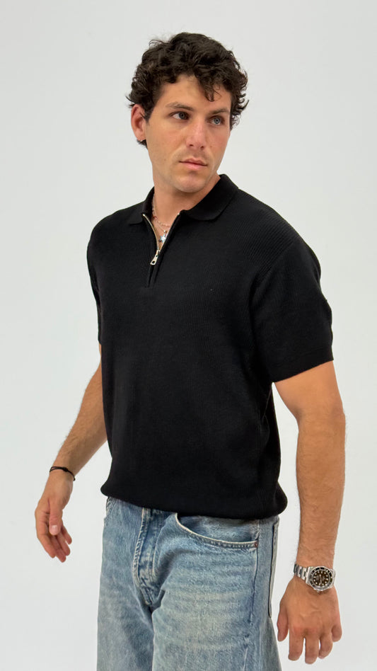 Black Knit Zip-up Polo