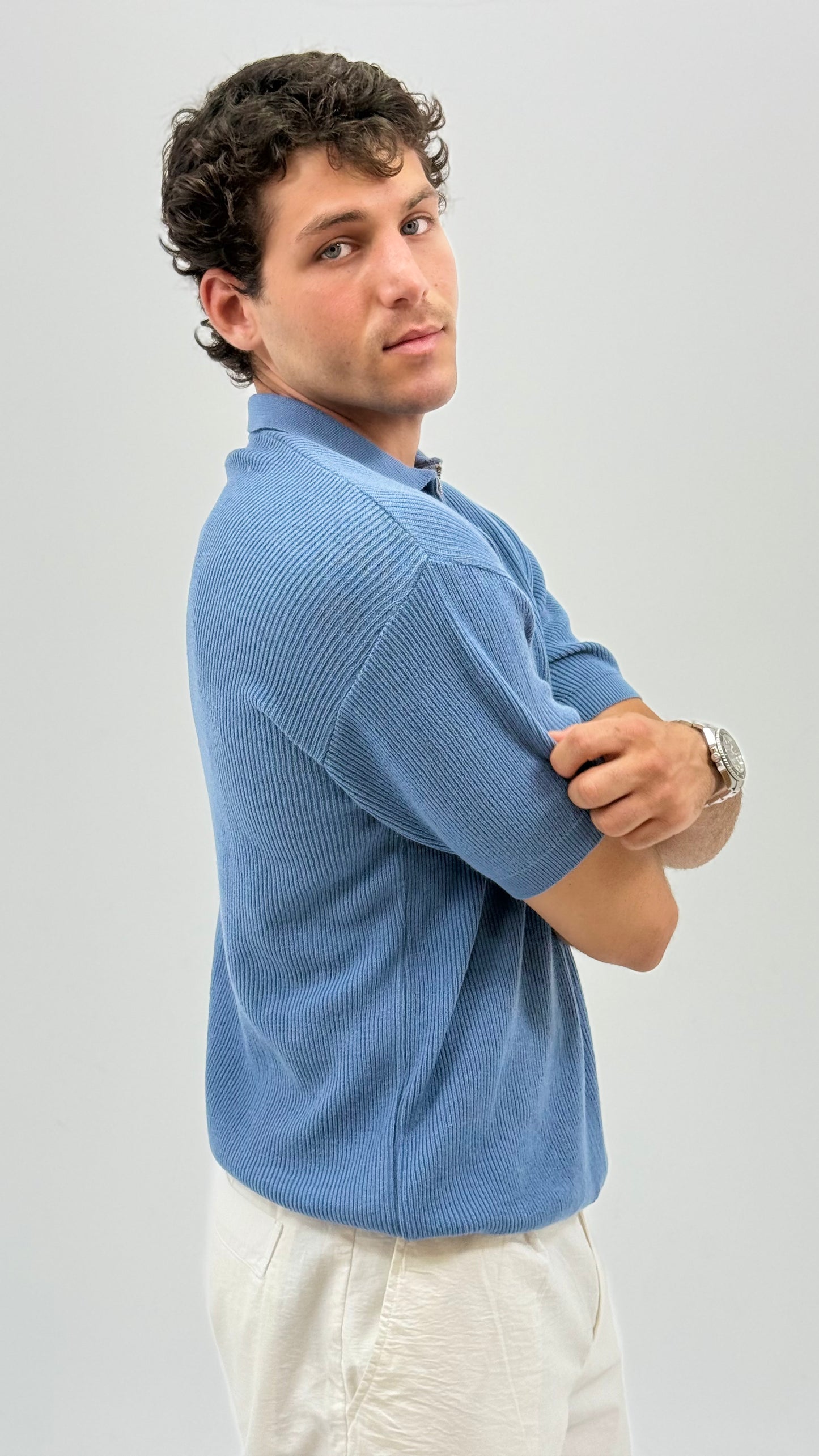 Blue Knit Zip-up Polo