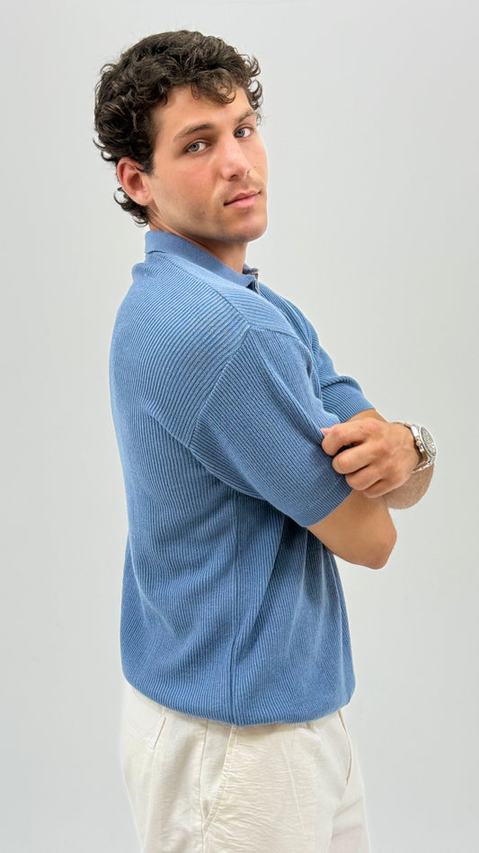 Blue Knit Zip-up Polo