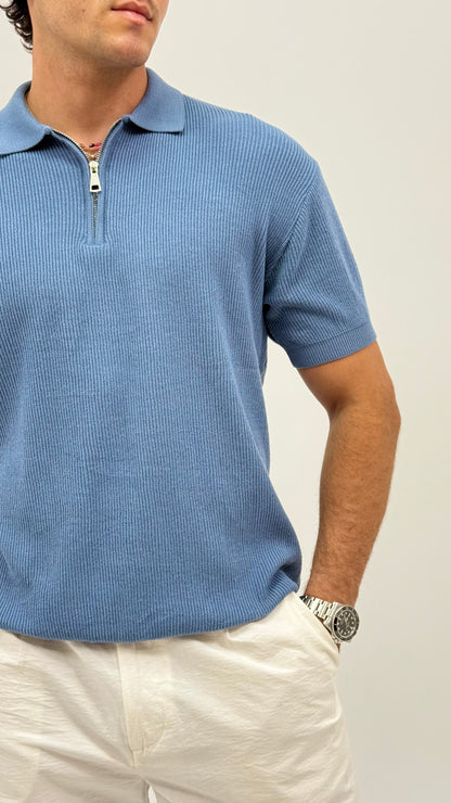 Blue Knit Zip-up Polo