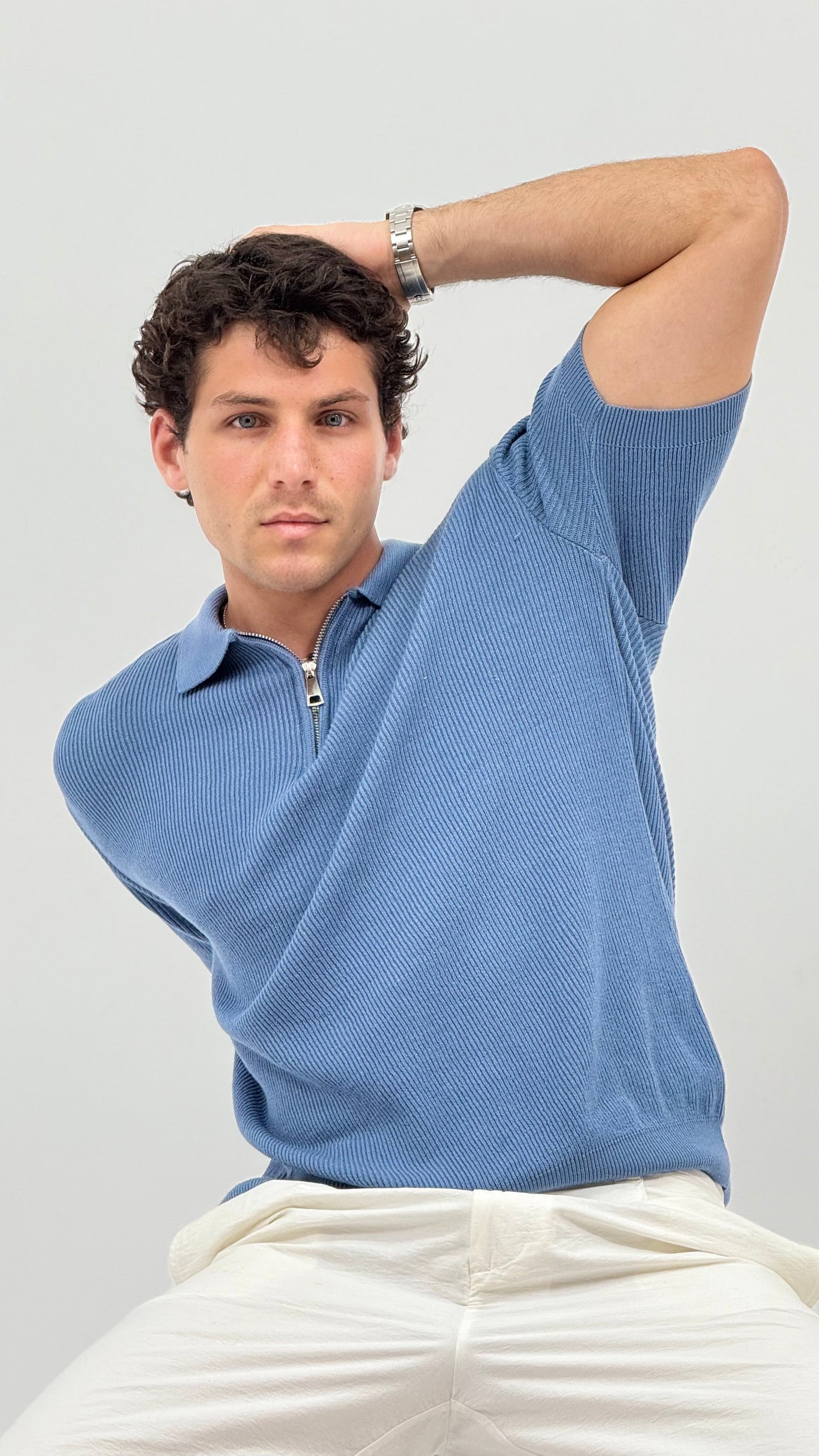 Blue Knit Zip-up Polo