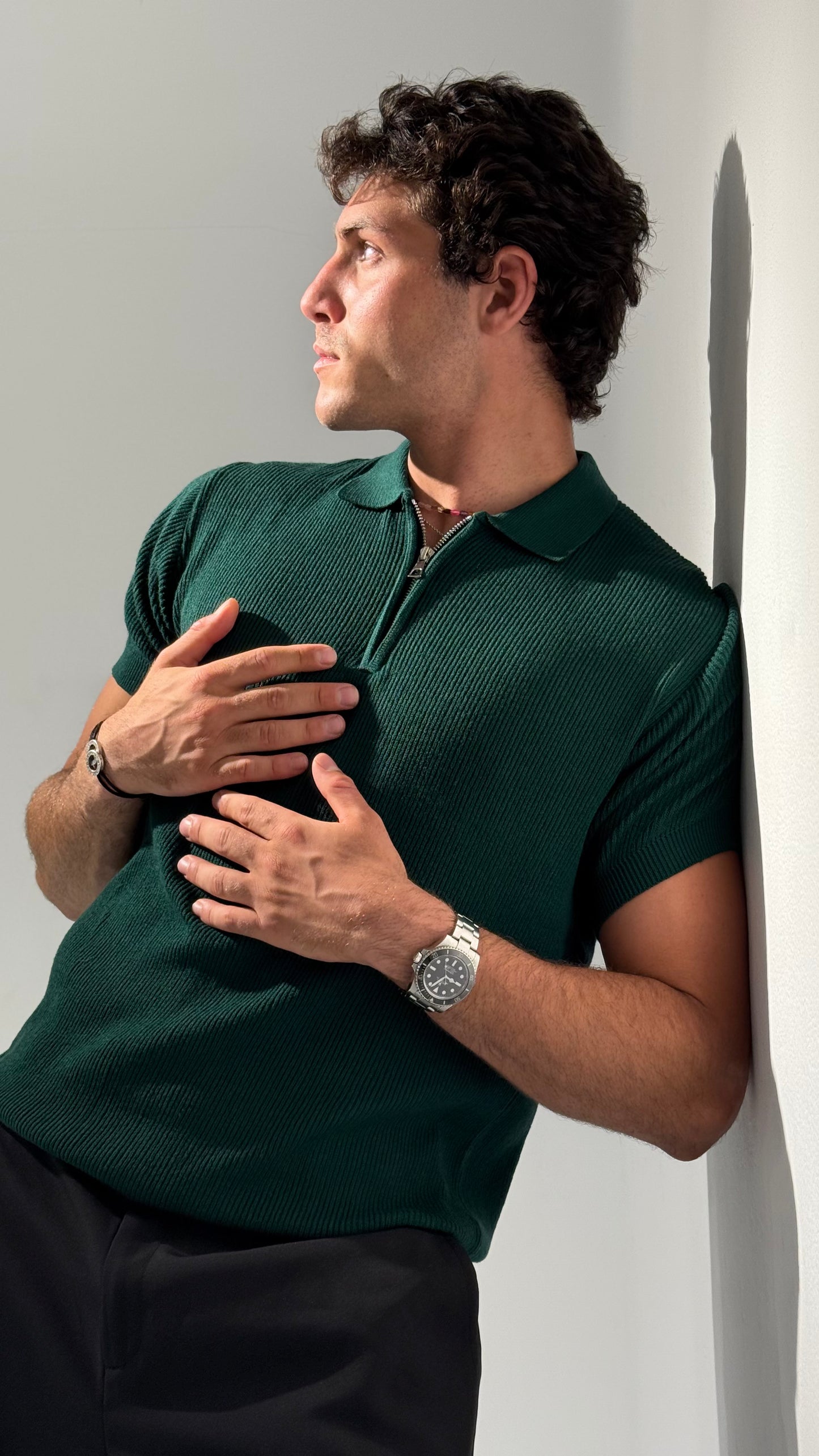 Teal Green Knit Zip-up Polo