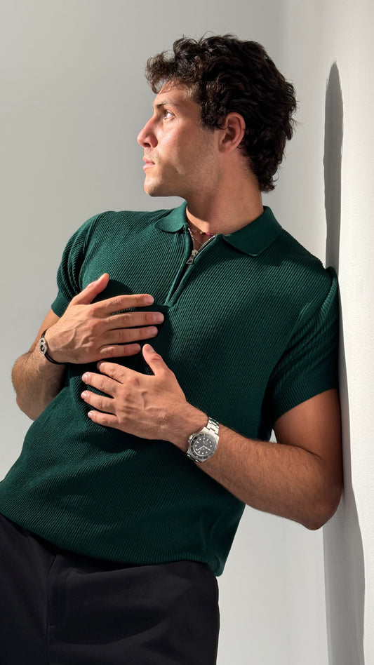 Teal Green Knit Zip-up Polo